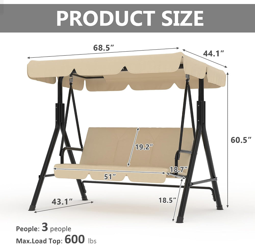 Garvee Outdoor Porch Swing with Adjustable Canopy, 3-Seat Patio Swing Chair w...