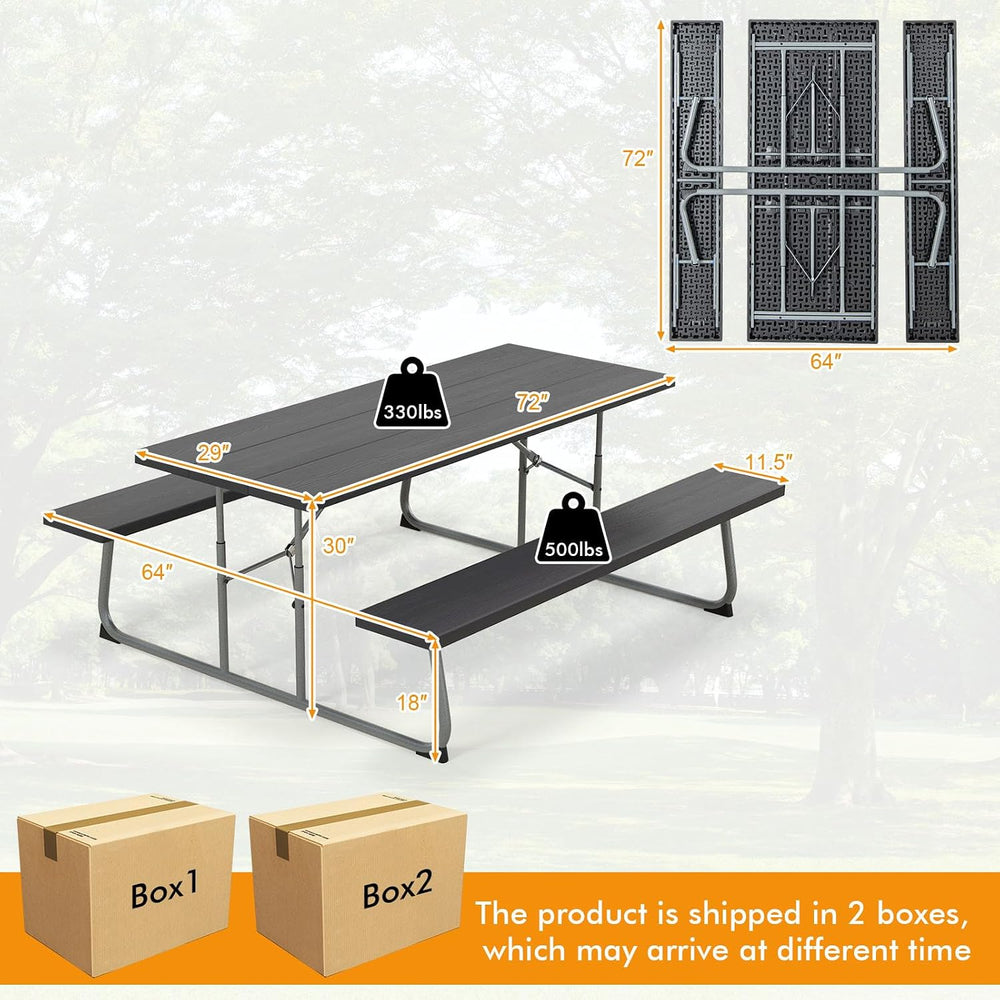 Tangkula 6 Ft Folding Picnic Table with 2 Built-in Benches, Black