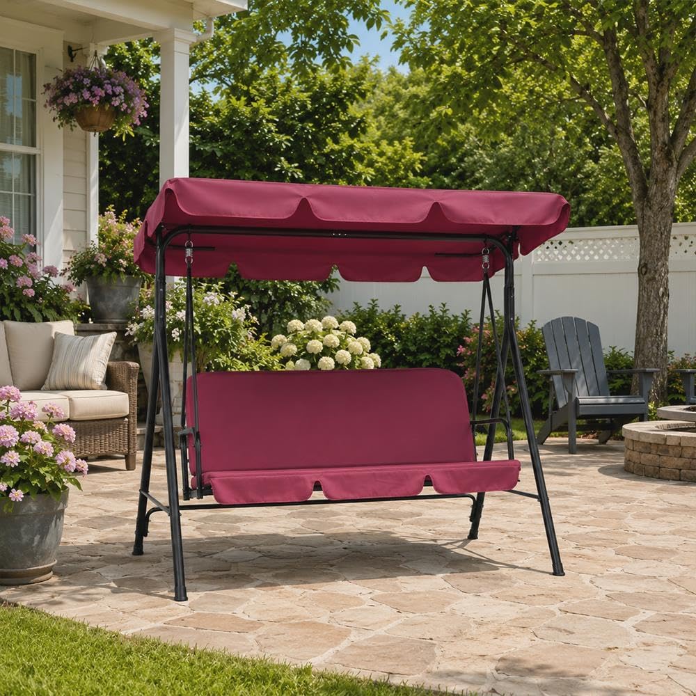 Yaheetech 3-Seat Patio Swing Chair, Adjustable Canopy & Cushion, Burgundy