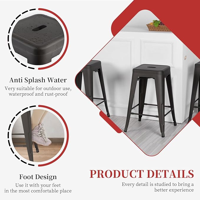 FDW Metal Bar Stools Set of 4 Counter Height Bar Stools 24 Inches Industrial ...