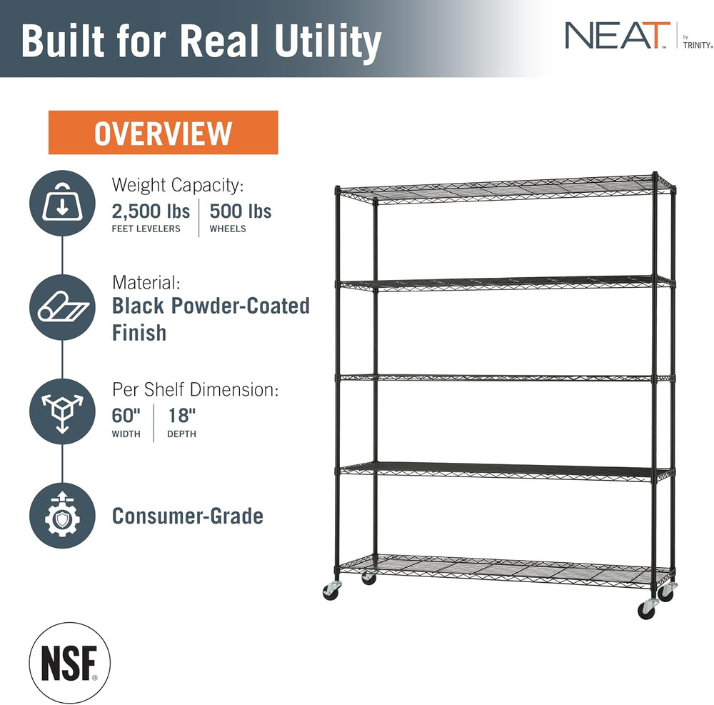 5-Tier Adjustable Wire Shelving Rack w/Wheels, Black, NSF