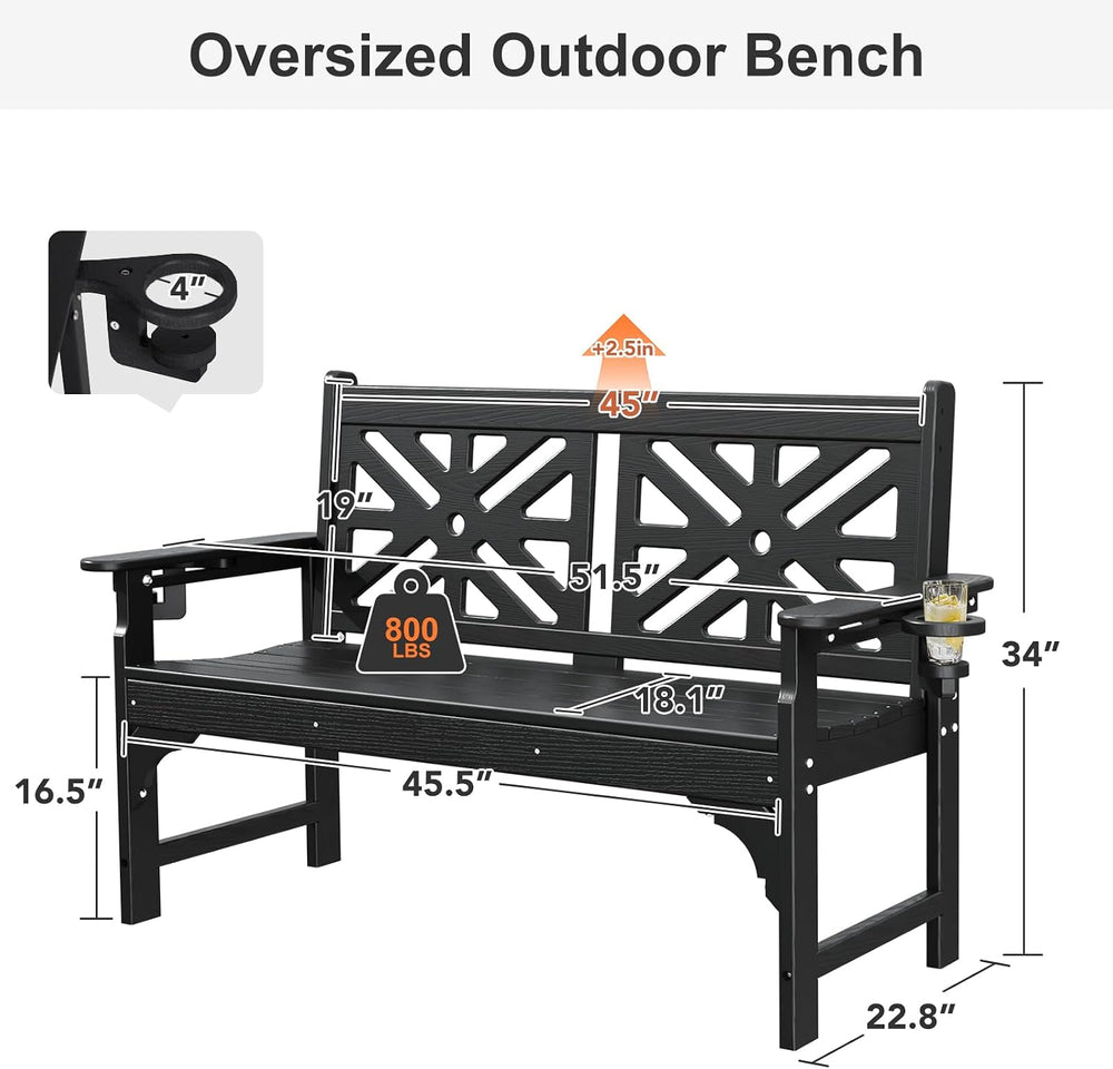 Oversized Outdoor Bench Set of 2, 51.5” HDPE Aesthetic Garden Bench with Cup ...