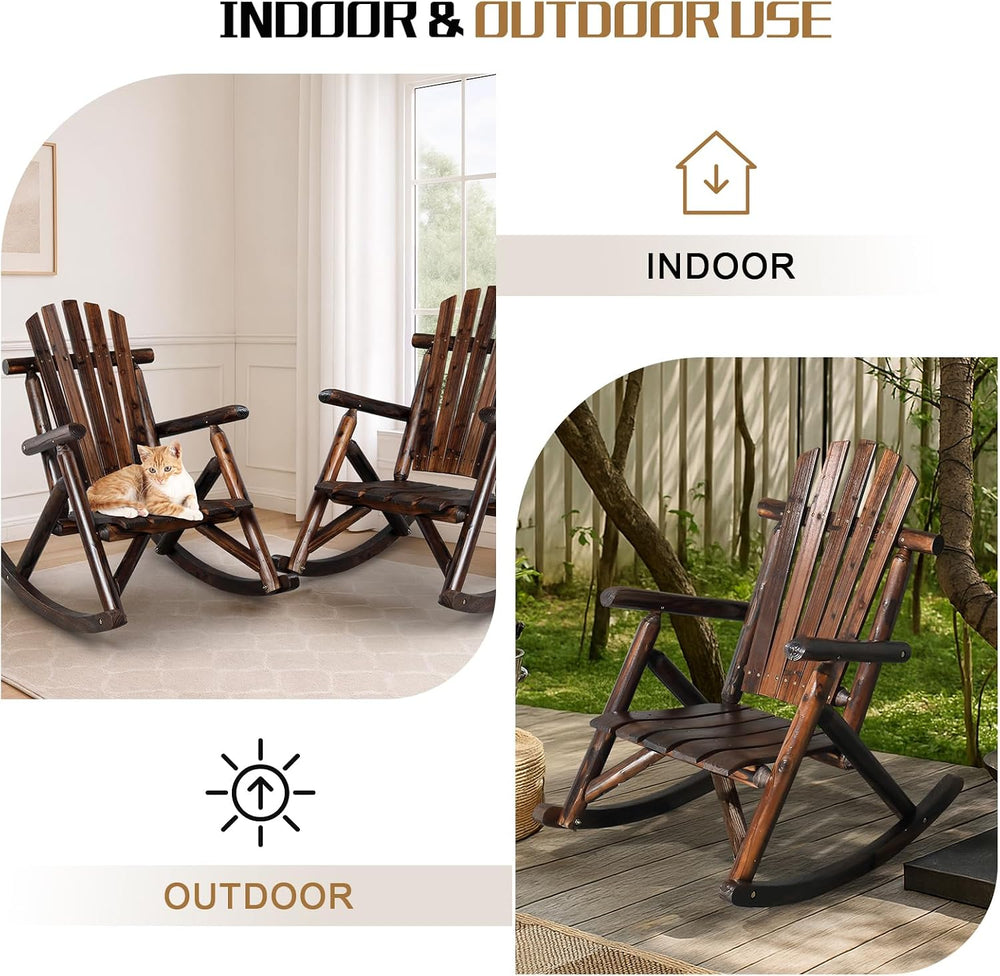 Outvita Wooden Rocking Chair Set of 2, Fir Log Adirondack, Dark Brown