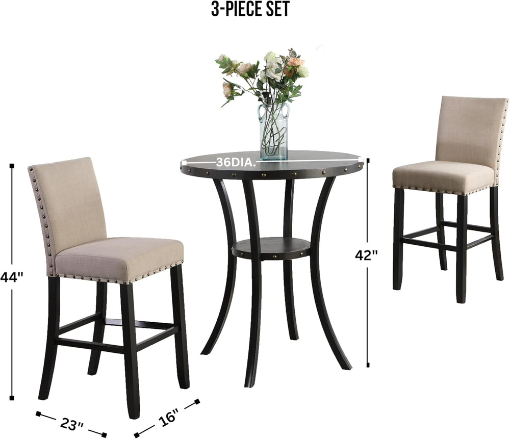 Roundhill Furniture Biony 3 Piece Set - 36" Round Espresso Bar Table wit...