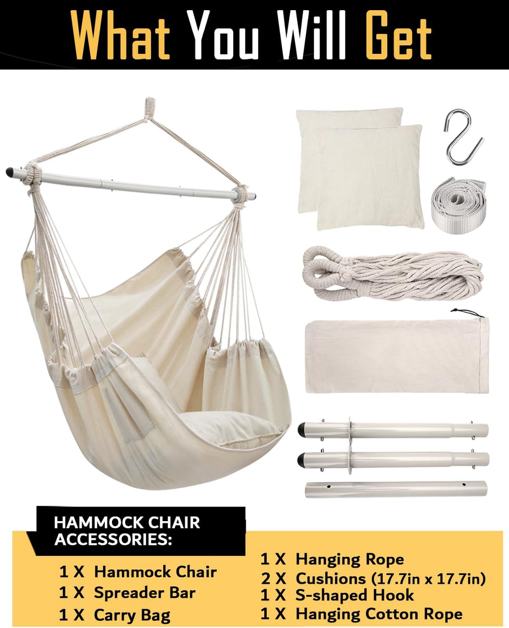 ADVOKAIR Hammock Chair Swing, Heavy-Duty Hanging Rope Swing Seat Supports 500...