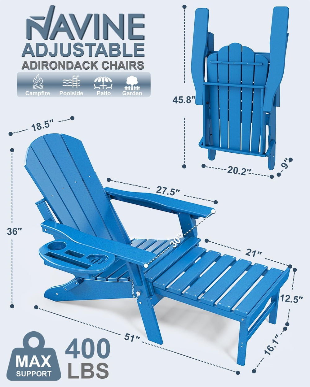 NAVINE Adjustable Adirondack Chair Set of 2 with Retractable Ottoman