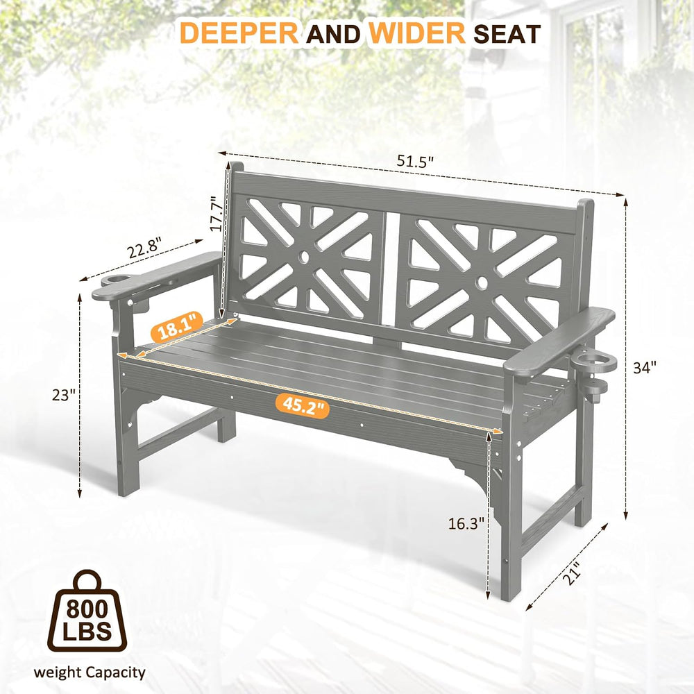 nalone Outdoor Bench with Cup Holders, HDPE Porch Bench Fade Proof (Grey)
