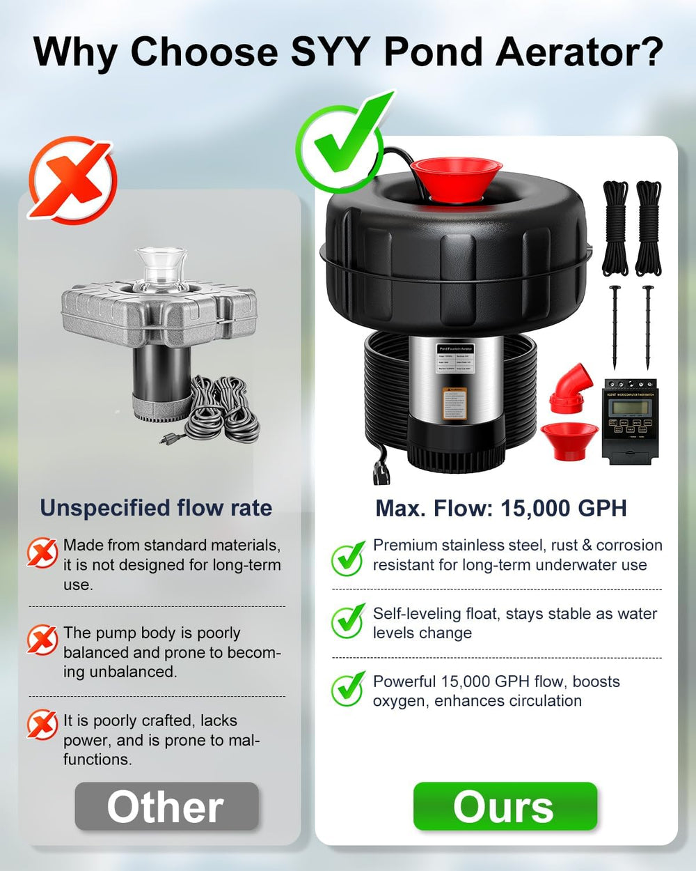 SYY Pond Fountain Aerator, 1HP 15000 GPH 110V Stainless Steel Floating Founta...