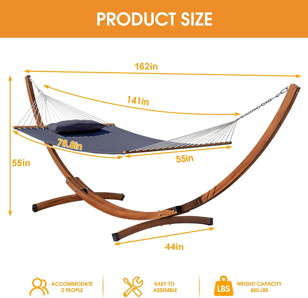 Lazy Daze Double Quilted Hammock with 13 ft Curved Steel Wood Grain Stand