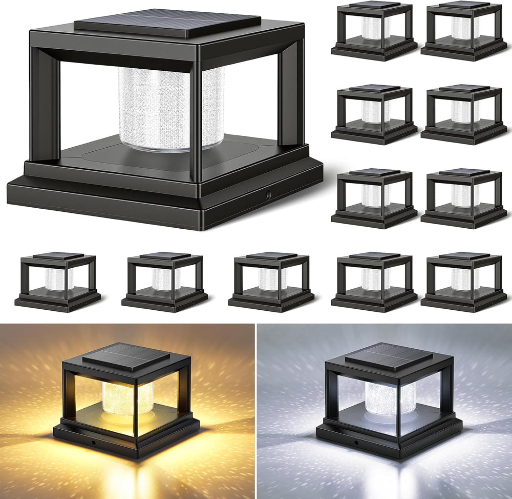 FOLKSMATE Solar Fence Post Cap Lights 12 Pack Outdoor Waterproof Black