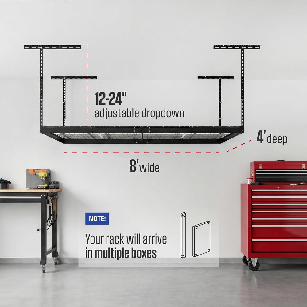 SafeRacks Gray 4x8 Overhead Storage Rack w/ 5-pc Hook Pack (12”-24" Drop)