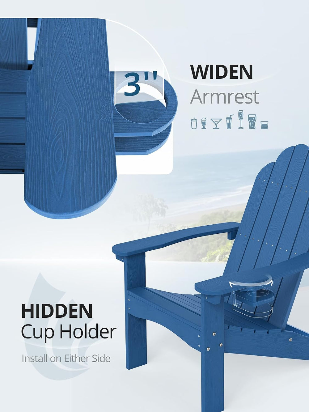 LUE BONA HDPE Adirondack Chairs Set of 4, Blue Fire Pit Chairs