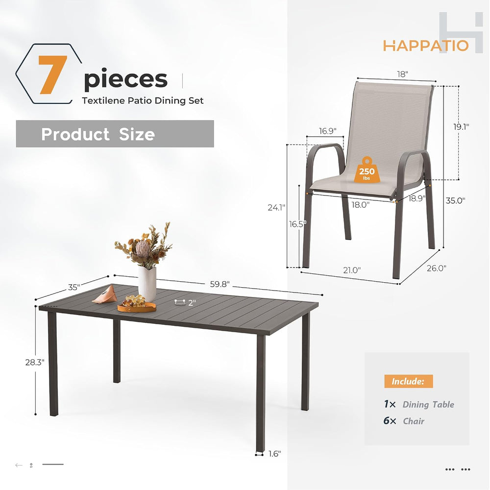 HAPPATIO Outdoor Patio Dining Set, 6 Quick Dry Textilene Dining Chairs and Di...