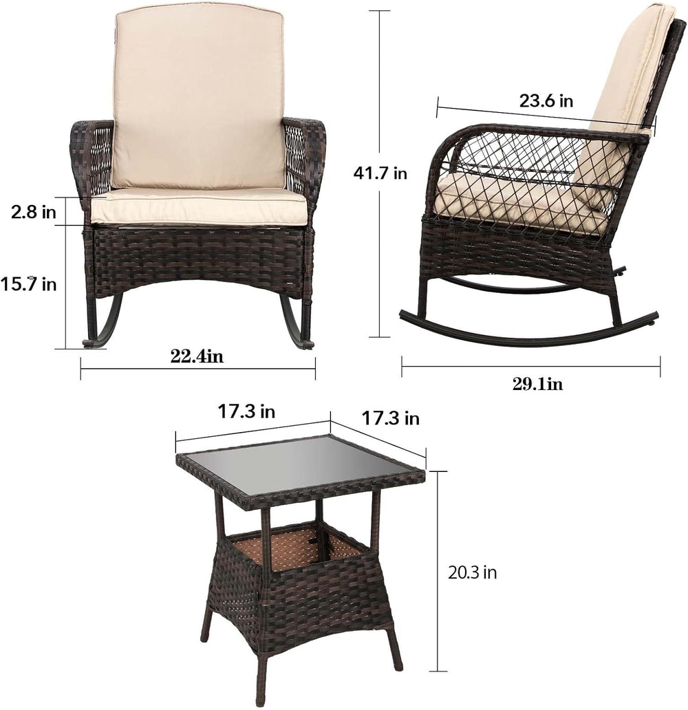 LEVELEVE 3 pcs Rocking Bistro Set Conversation Chairs PE Wicker Outdoor Rocki...