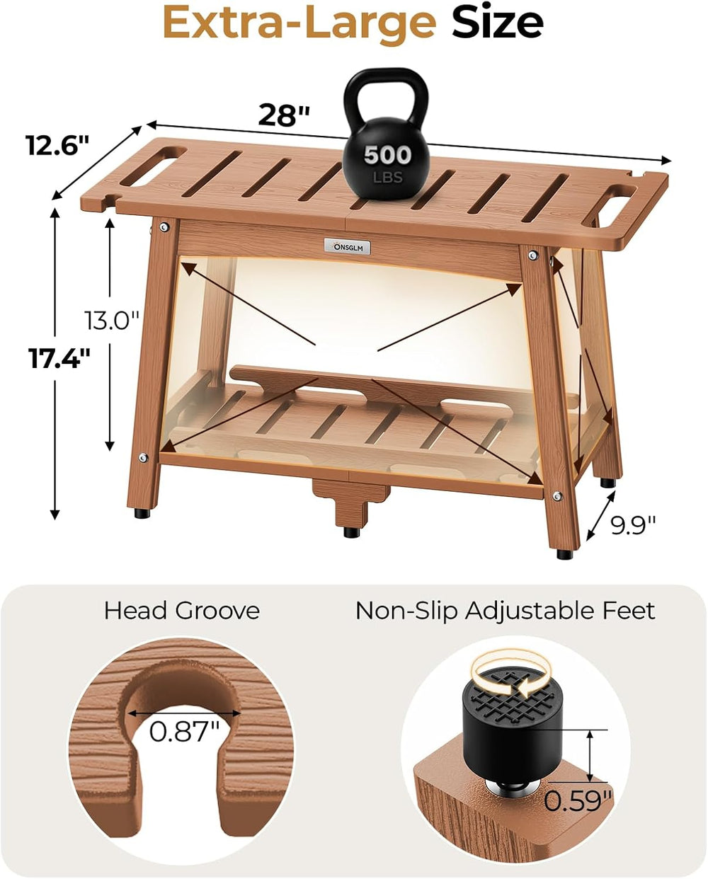 28" Extra Large Shower Bench, HDPE Waterproof Shower Chairs Seat, Adjust...