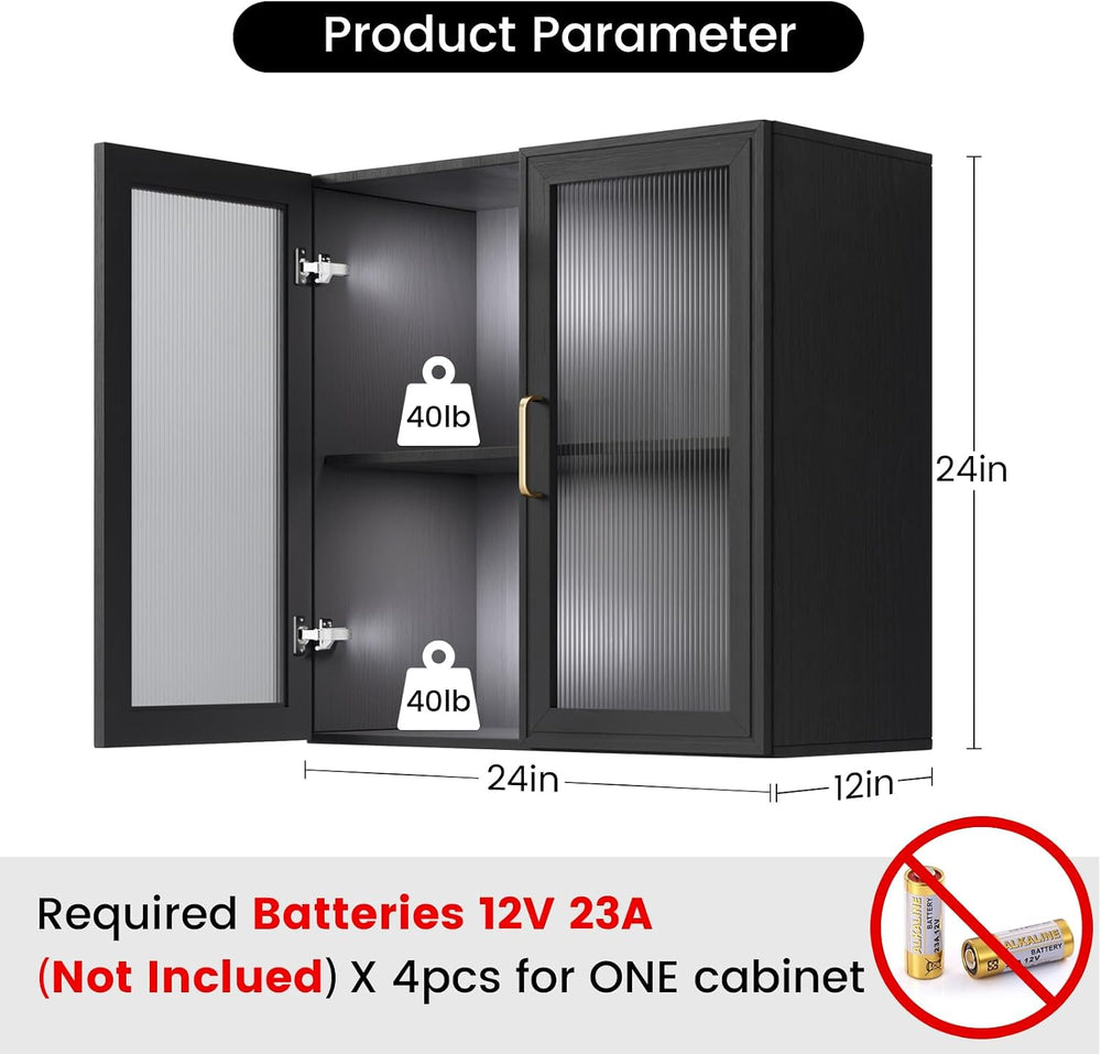 Black LED Wall Storage Cabinets with Adjustable Shlelf