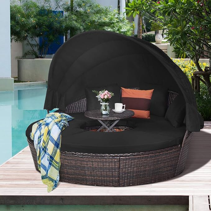 Tangkula Patio Round Daybed with Retractable Canopy, Outdoor Wicker Rattan Fu...