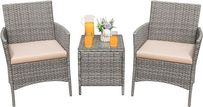 Greesum 3 Pieces Patio Furniture Sets Outdoor PE Rattan Wicker Chairs with So...