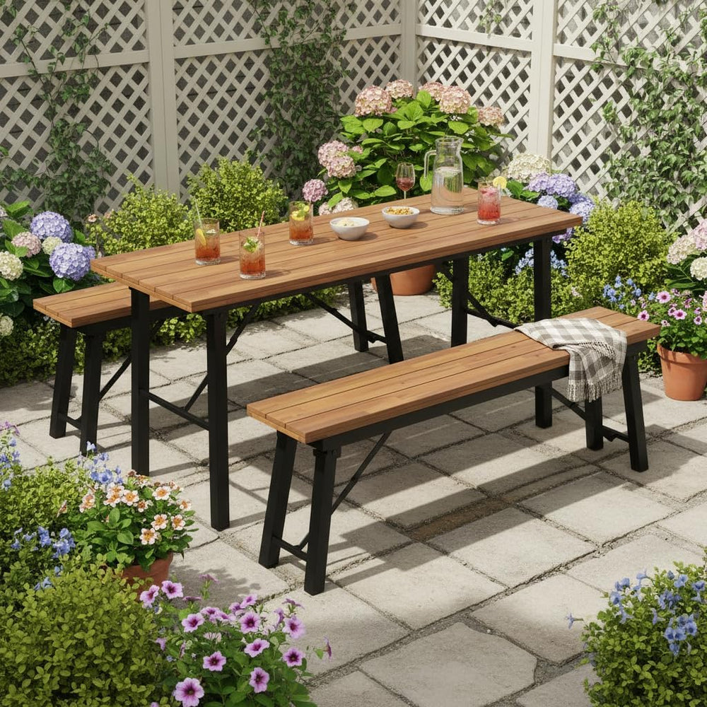 Tangkula Outdoor Folding Bench Set of 2, 55” 2-3 Person Acacia Wood Backless ...