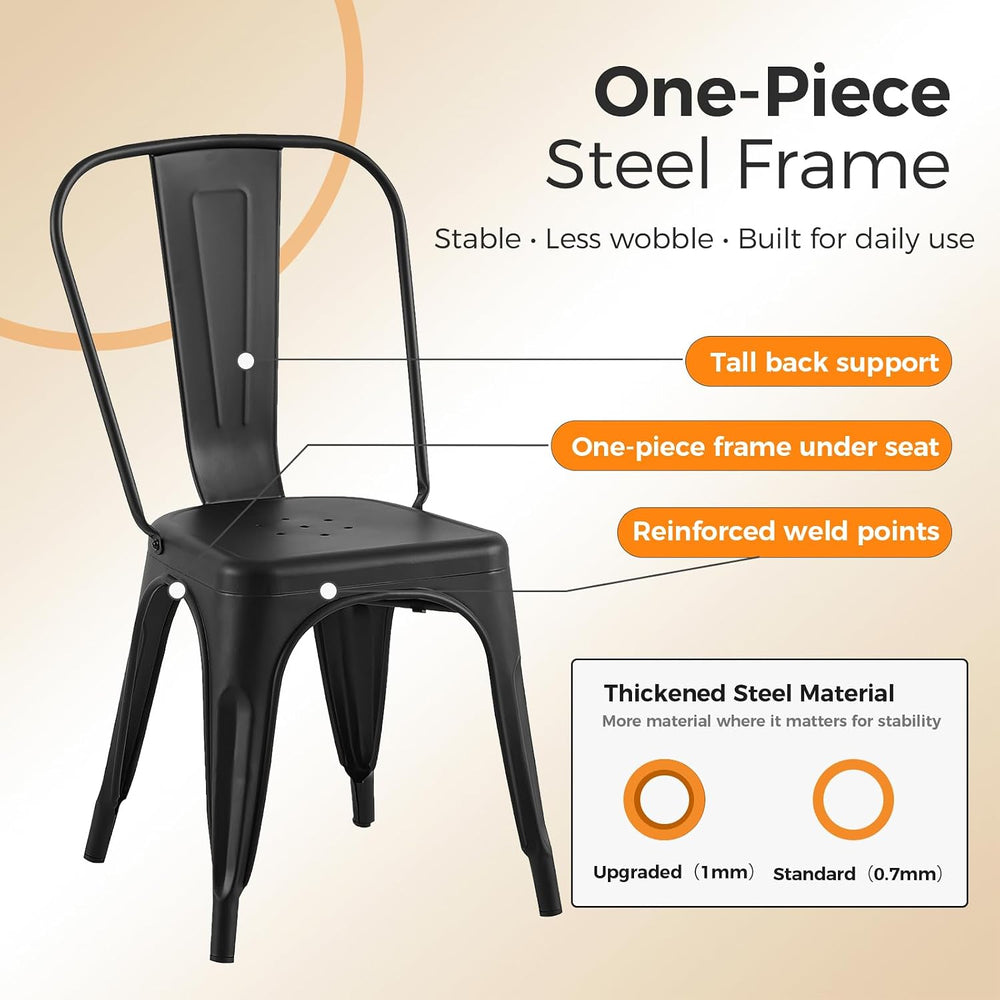 Metal Dining Chairs with Backrest, Stackable, Matte Black, 6 Pack