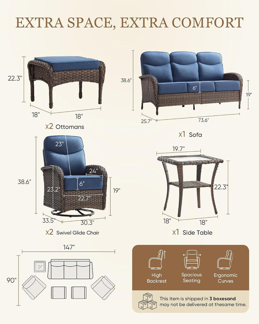 Belord Upgraded 6“ Cushion Luxury 6 Piece Patio Furniture Set - Wicker Couch ...