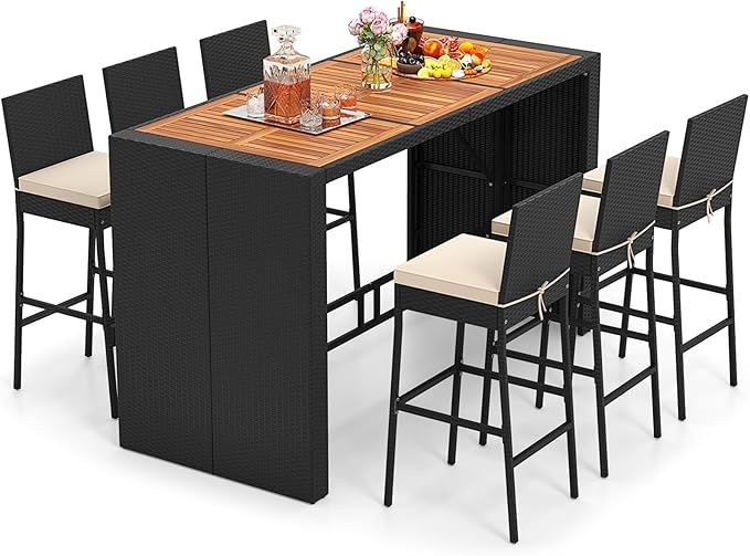 Tangkula 7 Piece Patio Wicker Bar Set, Patiojoy Outdoor Acacia Wood Bar Heigh...