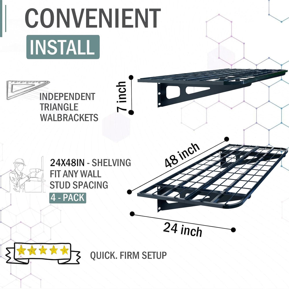 4-Pack 2x4ft Garage Wall Shelving, 4 Shelf Total 16 ft(L) Garage Shelving Wal...
