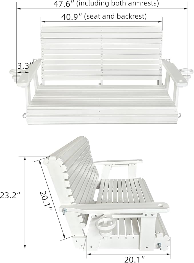 HDPE Porch Swing with 18/8 Stainless Steel Bolts, Ergonomic Design, Ultra Wea...