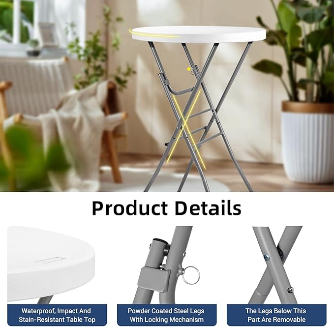 28in Cocktail Table White High Top Folding, Round Portable Bar Height Folding...
