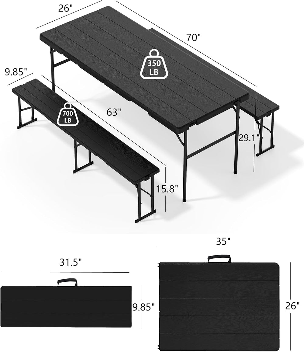 Folding Table with 2 Benches Set for Picnic, Party, Camping, School