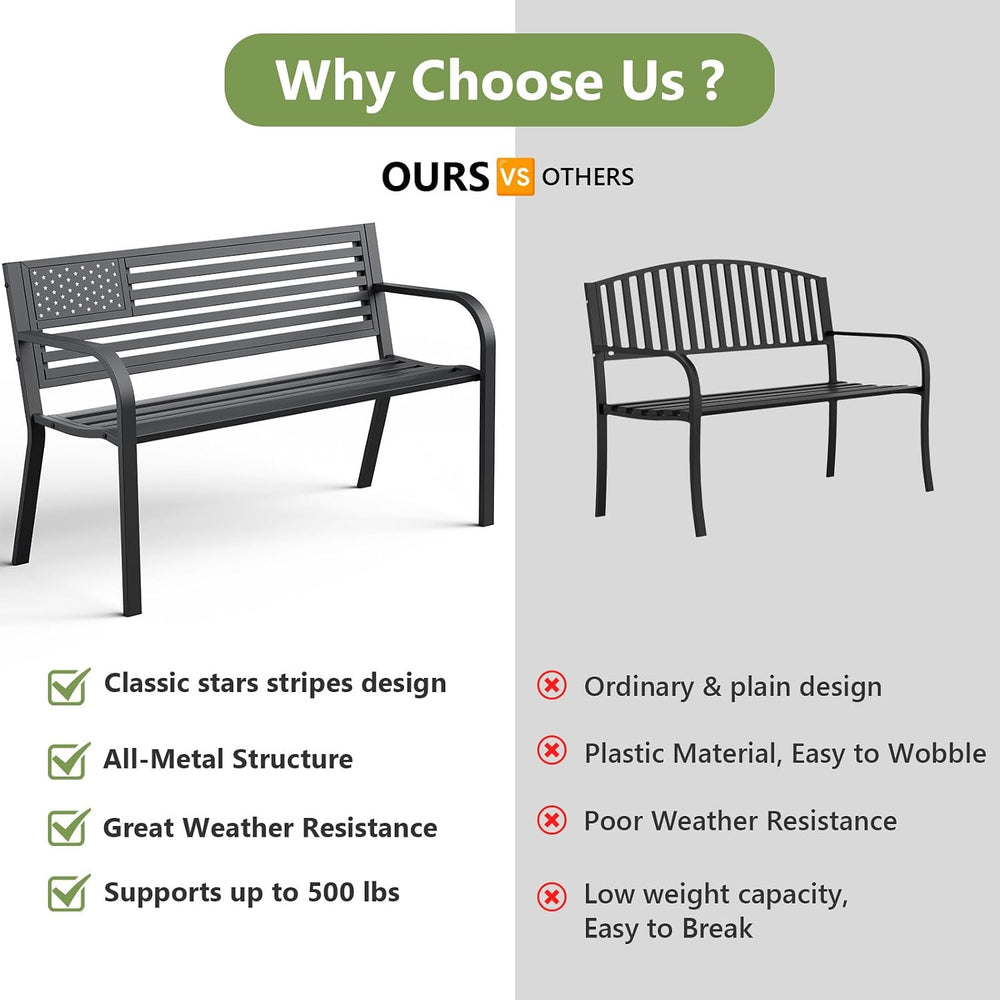 Outdoor Garden Bench with Classic Stars and Stripes Metal Backrest 2 Pack, Me...