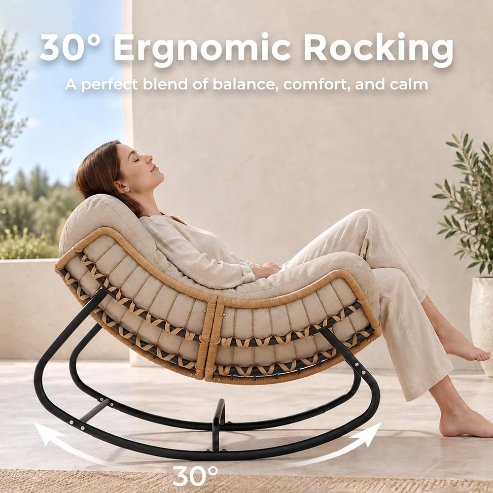Papasan Outdoor Rocking Chair with Thick Cushion, Beige