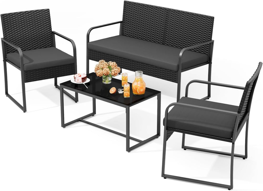Gizoon Black Wicker Conversation Set with Glass Coffee Table
