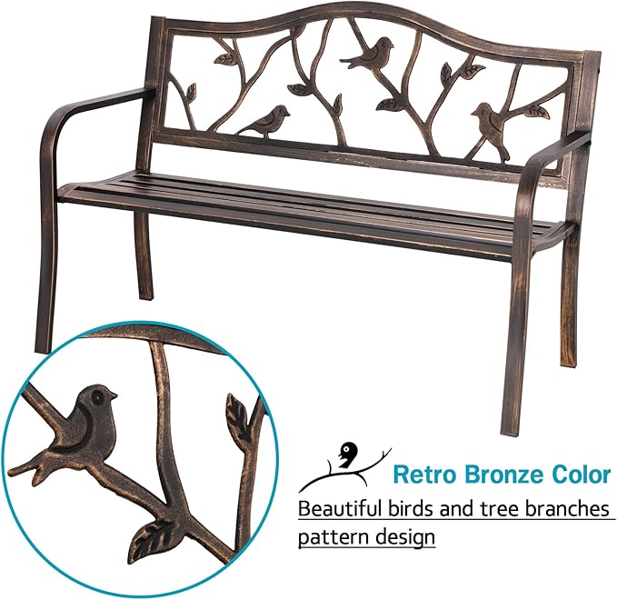 MFSTUDIO 50" Outdoor Garden Bench, Patio Metal Frame Park Bench with Bir...