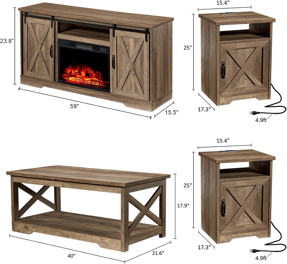 AMERLIFE Living Room Furniture Set, 59" Barnwood TV Stand with Fireplace