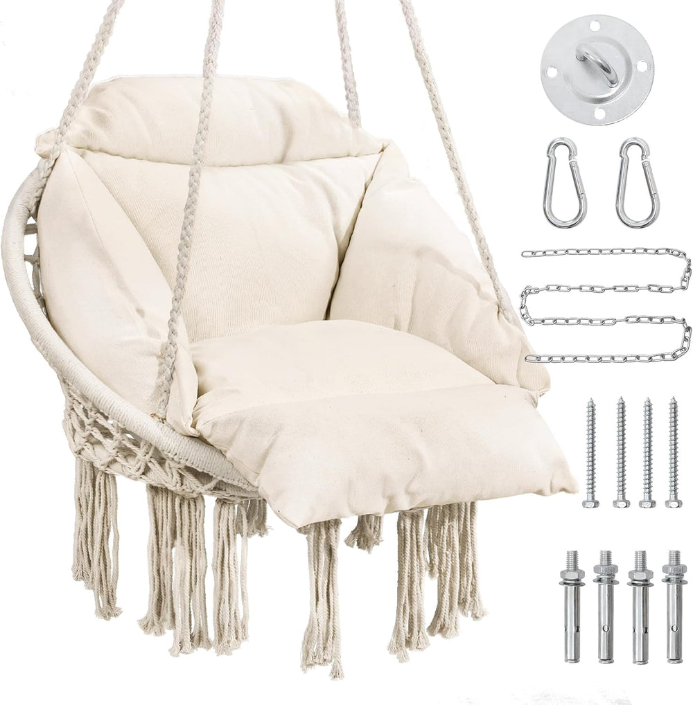 Hammock Chair Swing Chair with Boho Oversized Cushion, Macrame Hanging Chair ...