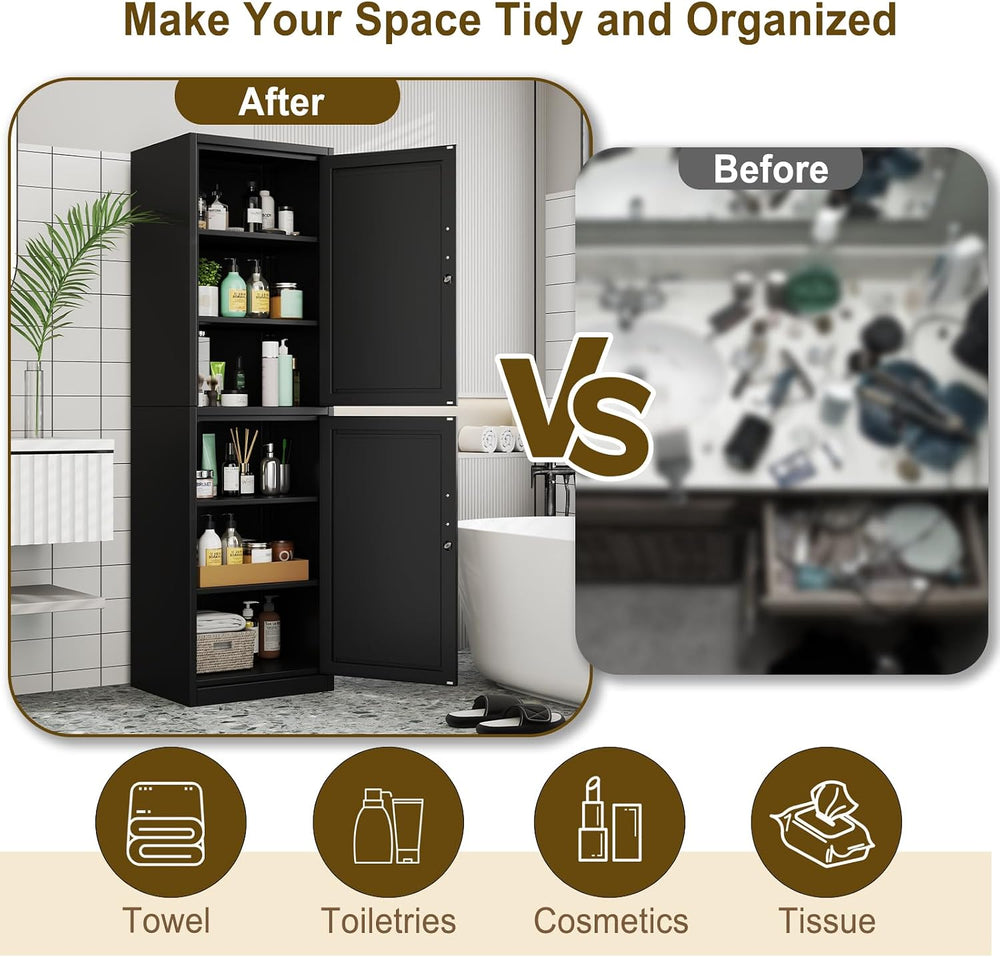 67" Black Lockable Tall Narrow Metal Storage Cabinet
