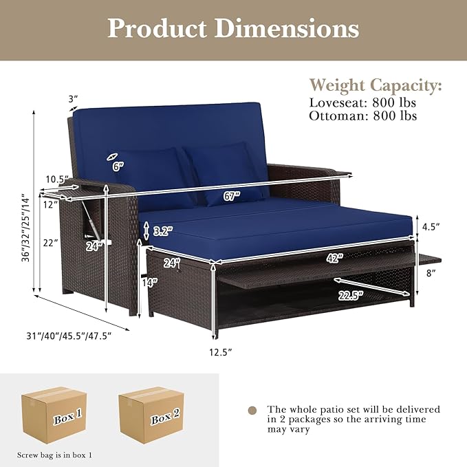 LDAILY Moccha Outdoor Daybed, Wicker Loveseat Sofa Set with 4-Postion Adjusta...
