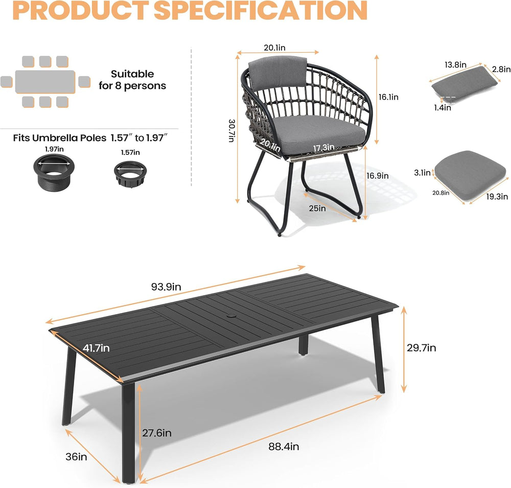 Pellebant 9 Piece Outdoor Dining Set for 8, Aluminum Table & Wicker Chairs
