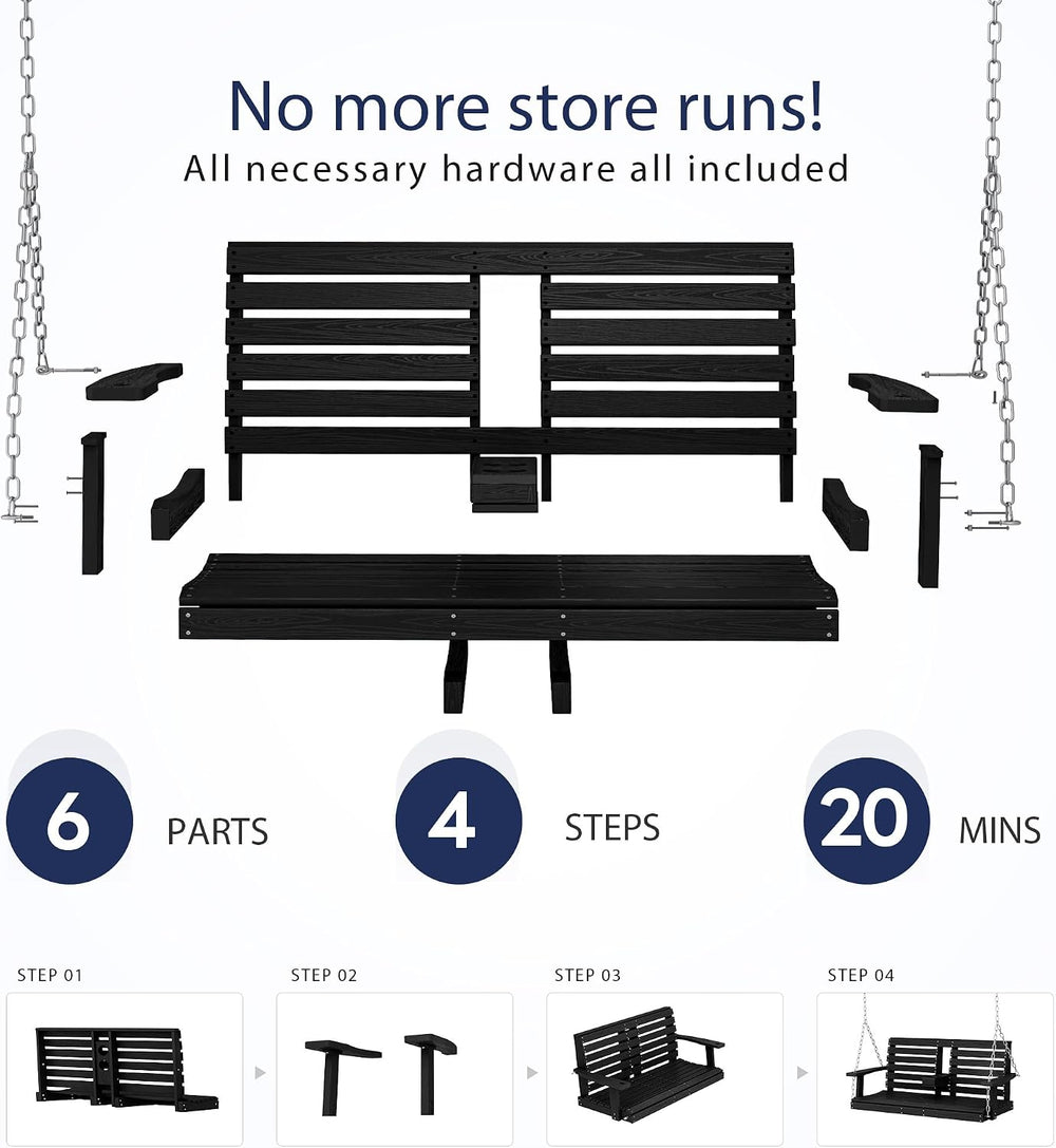 Outdoor Hanging Porch Swing, Patio Swing with Cup Holders, Black