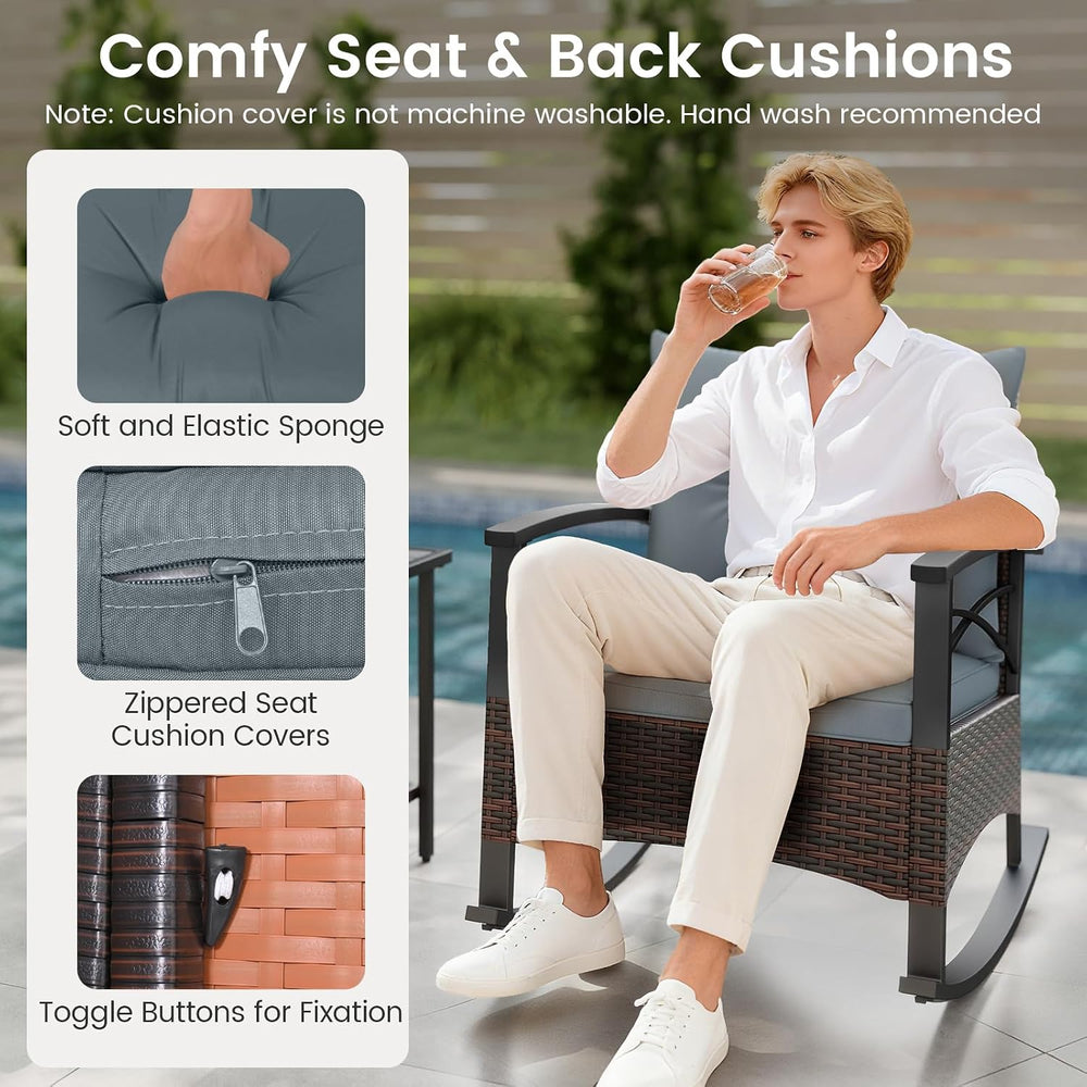 ORALNER 3-Piece Wicker Rocking Chair Set, Outdoor Cushioned Rocker and Acacia...