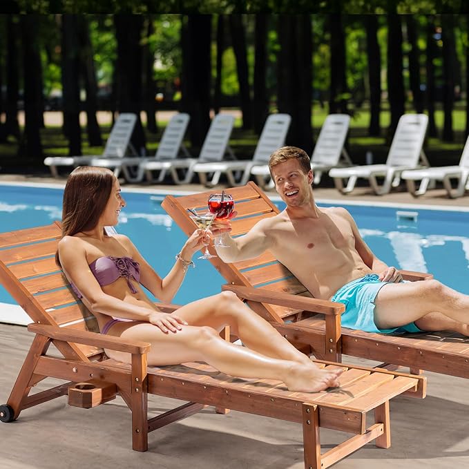 VINGLI Outdoor Chaise Lounge Chair, Wooden Patio Lounger Chair with Adjustabl...