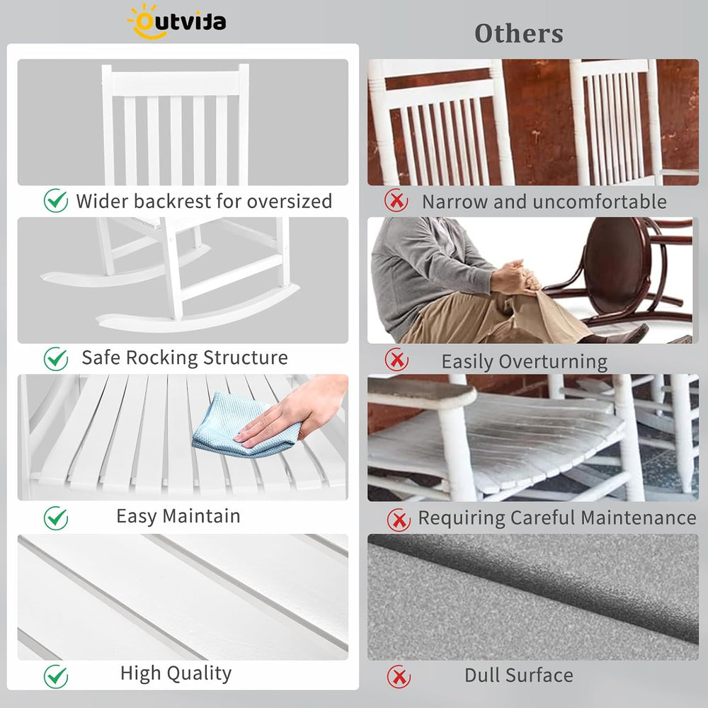 Outvita Outdoor Rocking Chair, Solid Wood High Back Porch Rocker, White