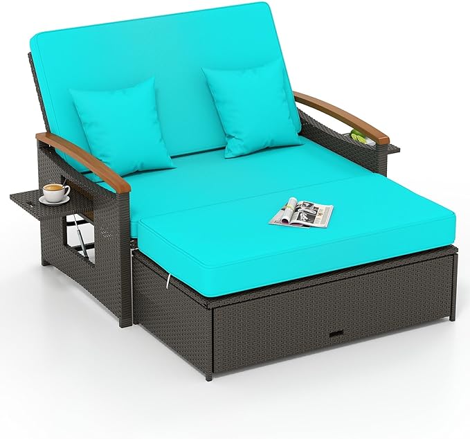 Tangkula Patio Rattan Daybed with 4-Level Adjustable Backrest, Outdoor Wicker...