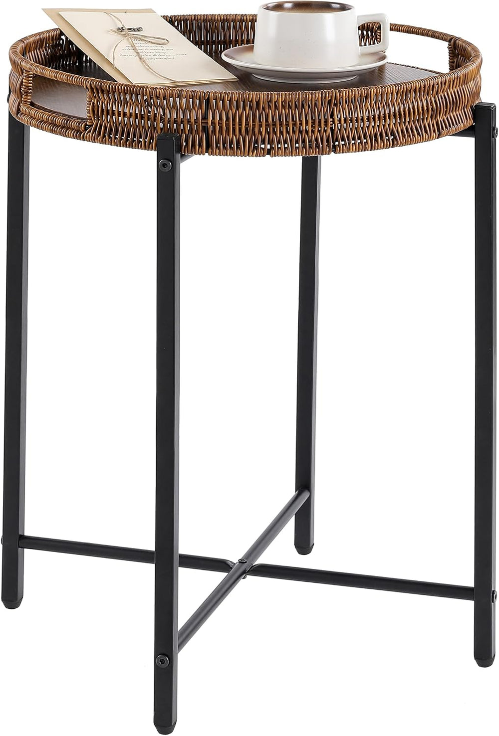 16.5in Round Rattan Side Table with Wooden Top, Small Wicker End Table