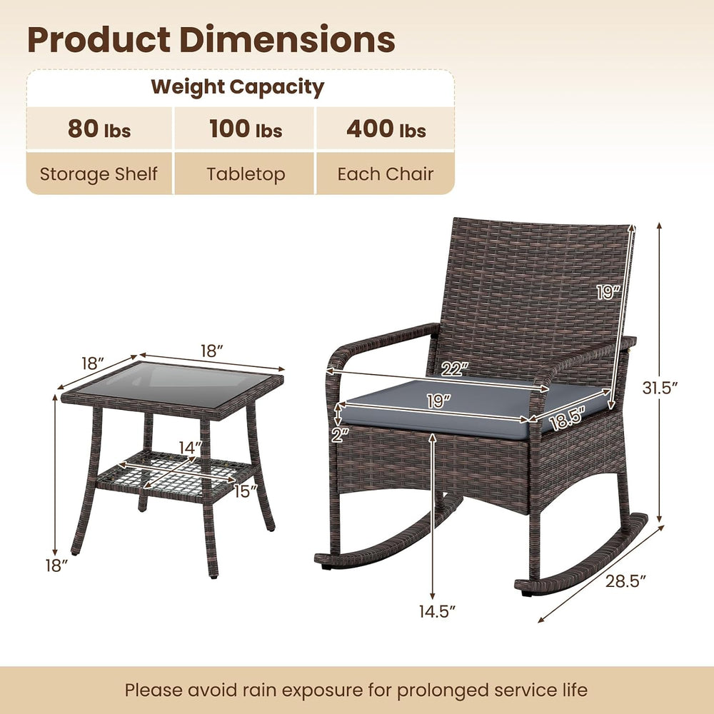 Tangkula 3-Piece Outdoor Wicker Rocking Bistro Set with 2-Tier Coffee Table