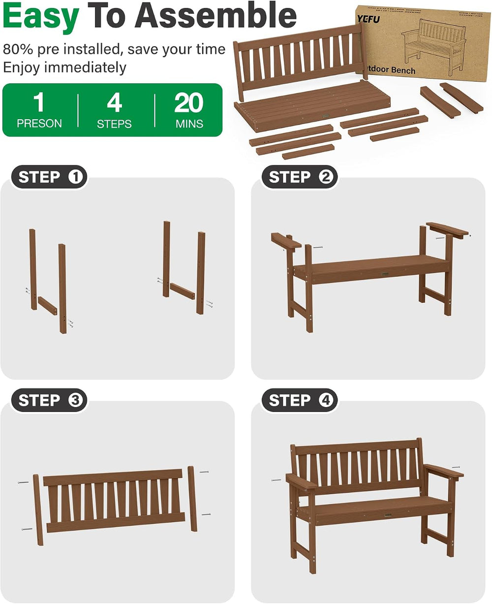 YEFU Outdoor Bench, 2-Person, Garden Bench, All-Weather, Teak