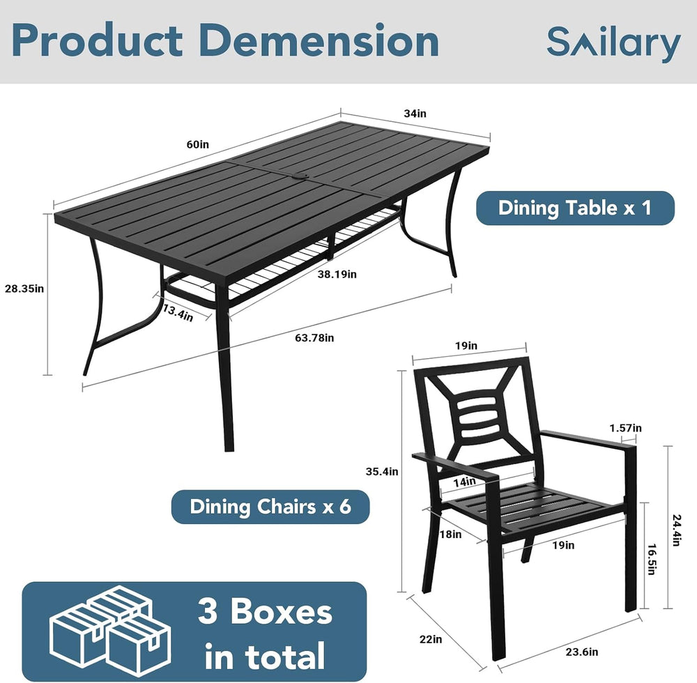 7 Pieces Patio Dining Set for 6, Large 60" Outdoor Metal Table