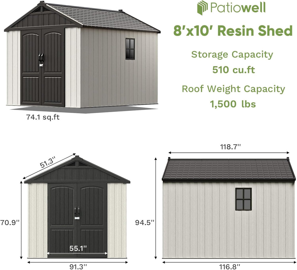Patiowell 8x10 FT Resin Outdoor Storage Shed with Floor, Beige