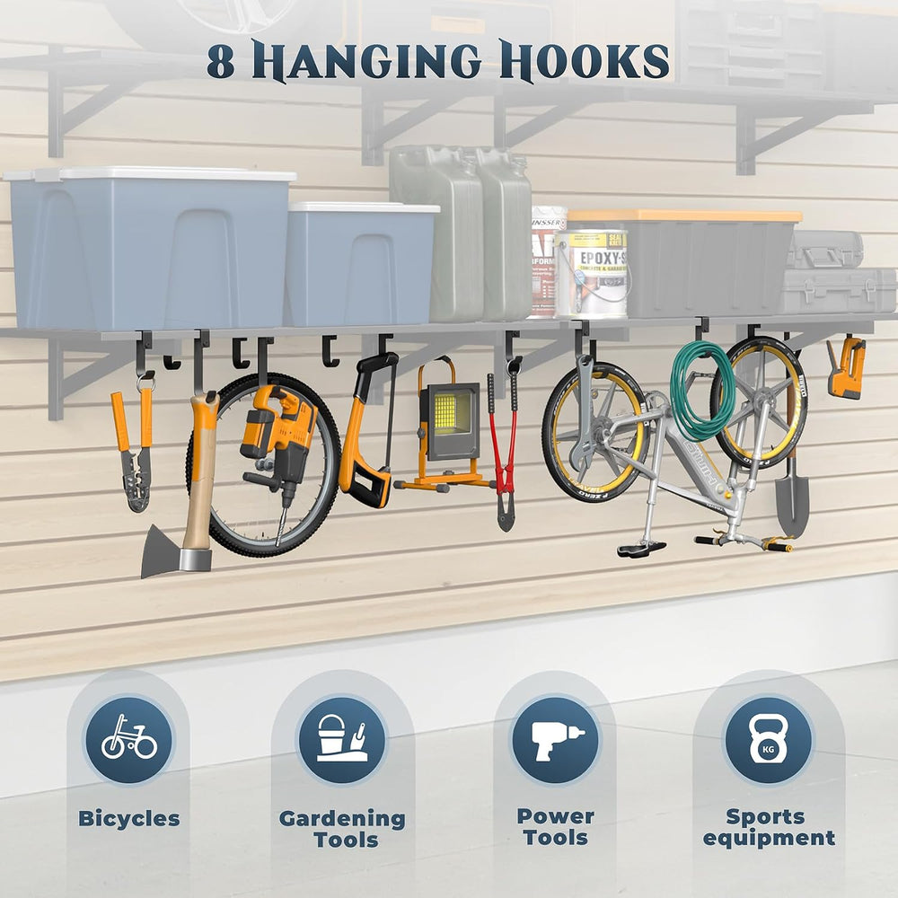 2 Pack Wall Mounted Garage Shelving with 8 Hooks, 1.5x4ft, 500lbs